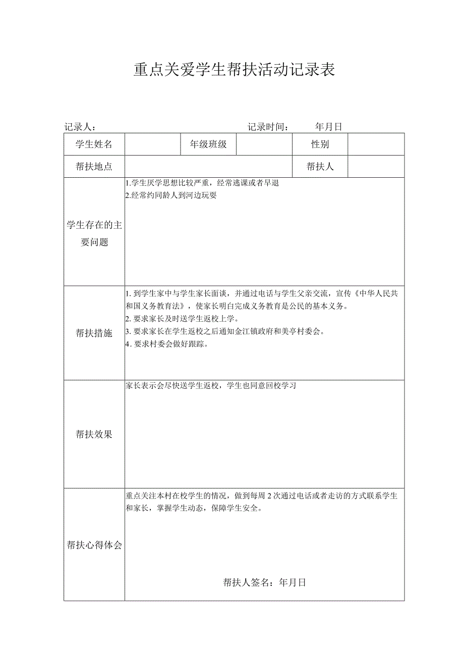 重点关爱学生帮扶活动记录表.docx_第1页