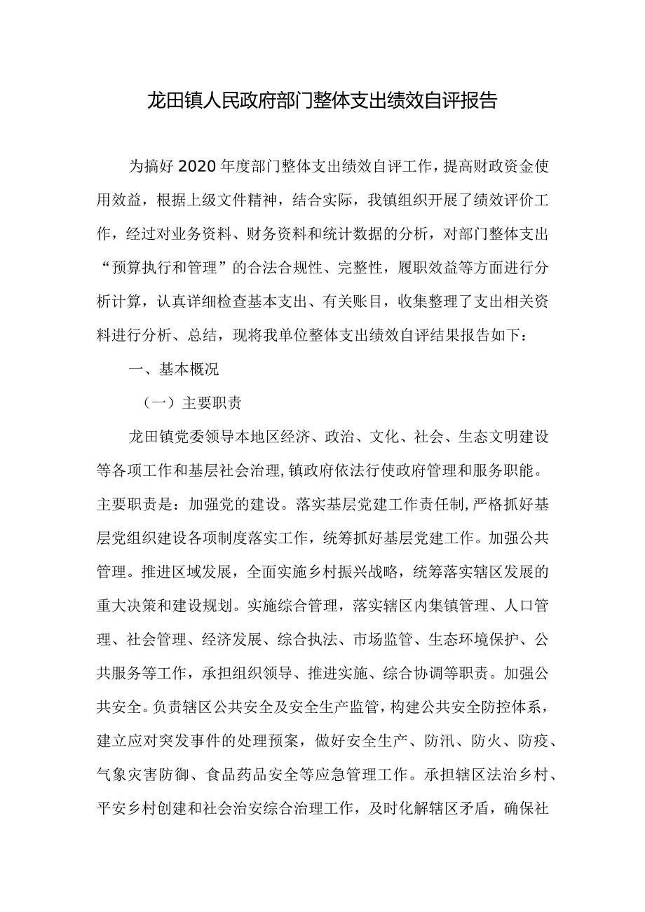 龙田镇人民政府部门整体支出绩效自评报告.docx_第1页