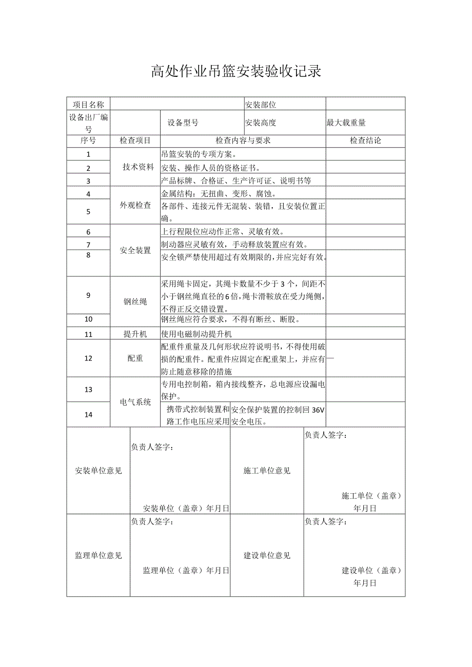 高处作业吊篮安装验收记录表.docx_第1页