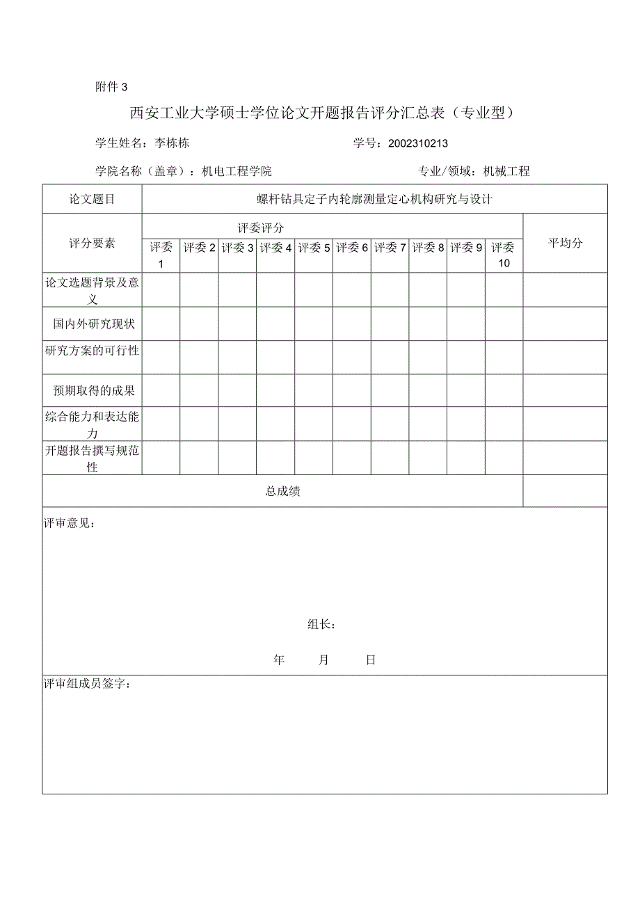 附3西安工业大学硕士学位论文开题报告评分汇总表专硕-精品文档资料系列.docx_第1页