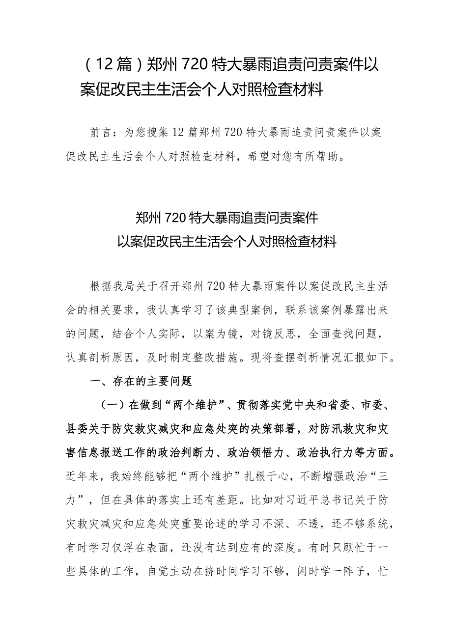 （12篇）郑州720特大暴雨追责问责案件以案促改民主生活会个人对照检查材料.docx_第1页