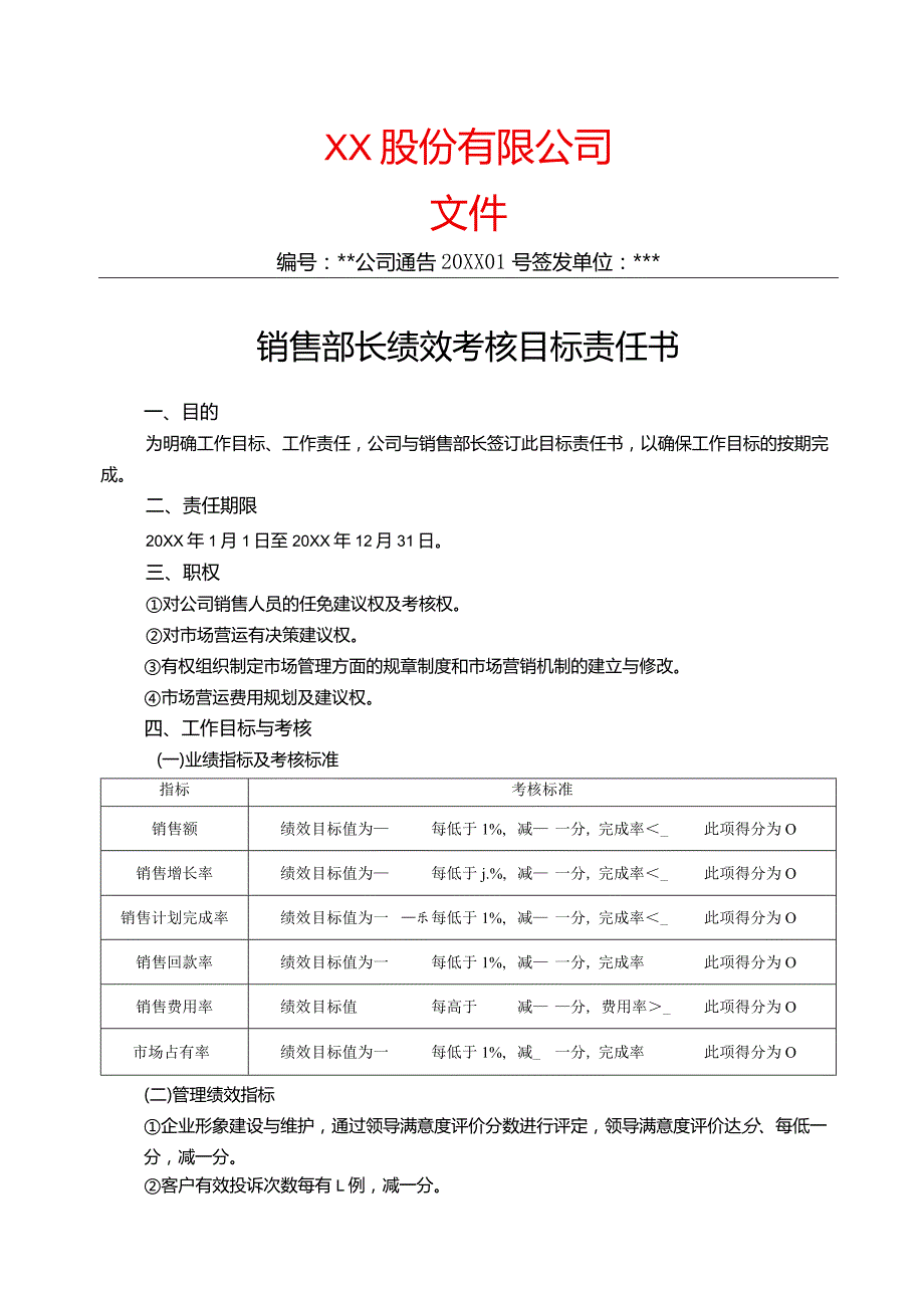 销售部长绩效考核目标责任书.docx_第1页