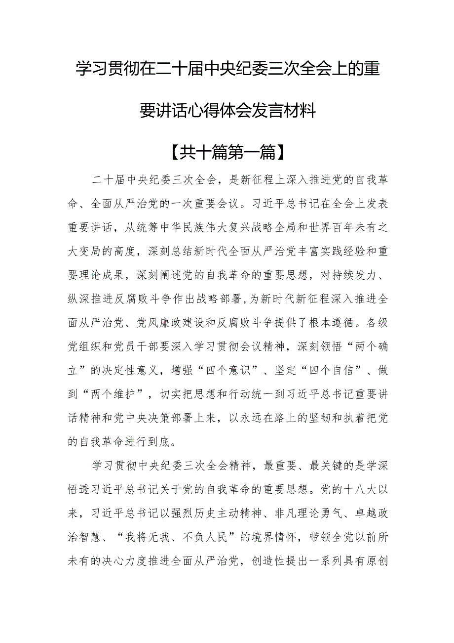 （10篇）学习贯彻在二十届中央纪委三次全会上的重要讲话心得体会发言材料.docx_第1页