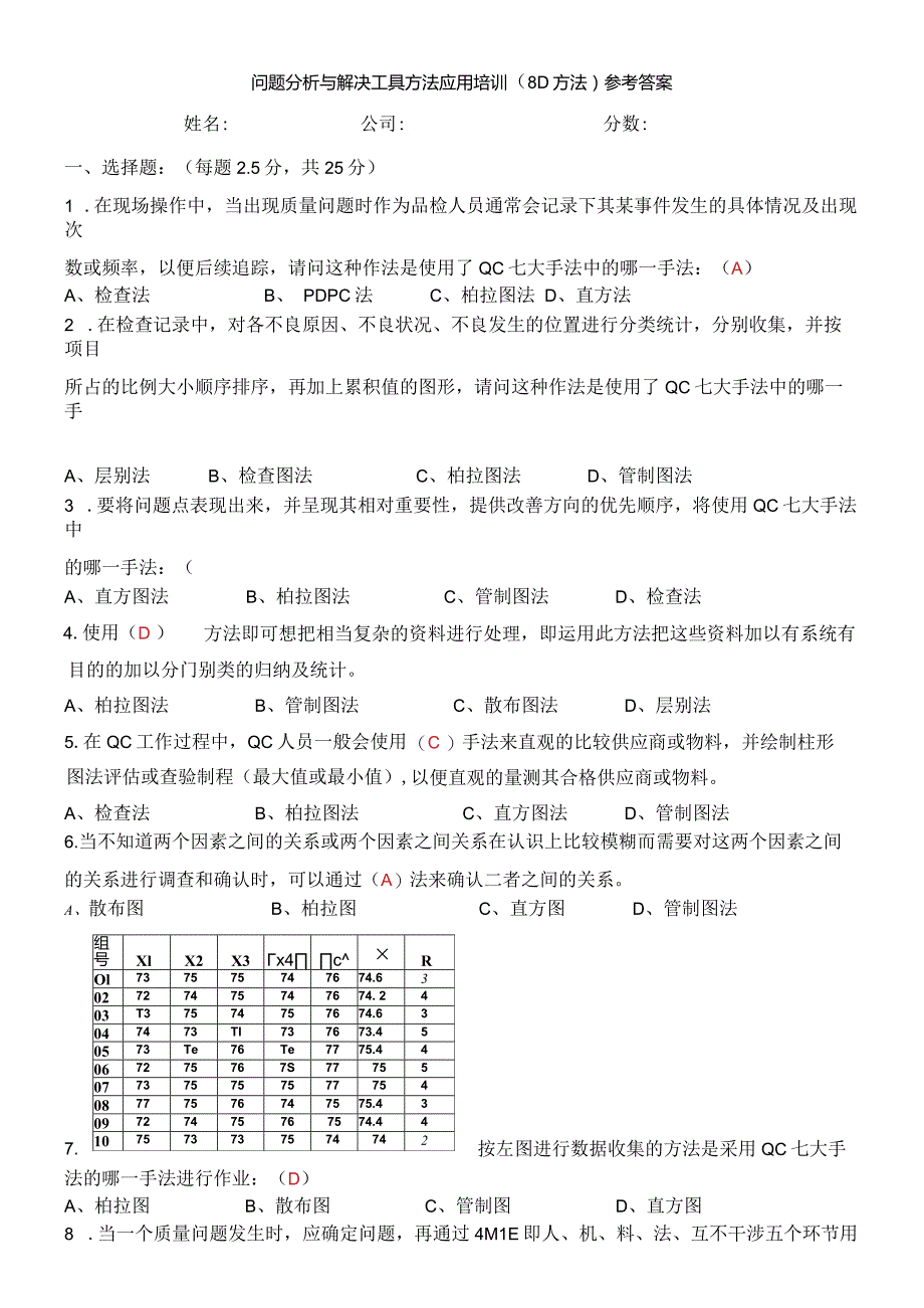 问题分析与解决工具方法应用（8D方法）试卷答案.docx_第1页