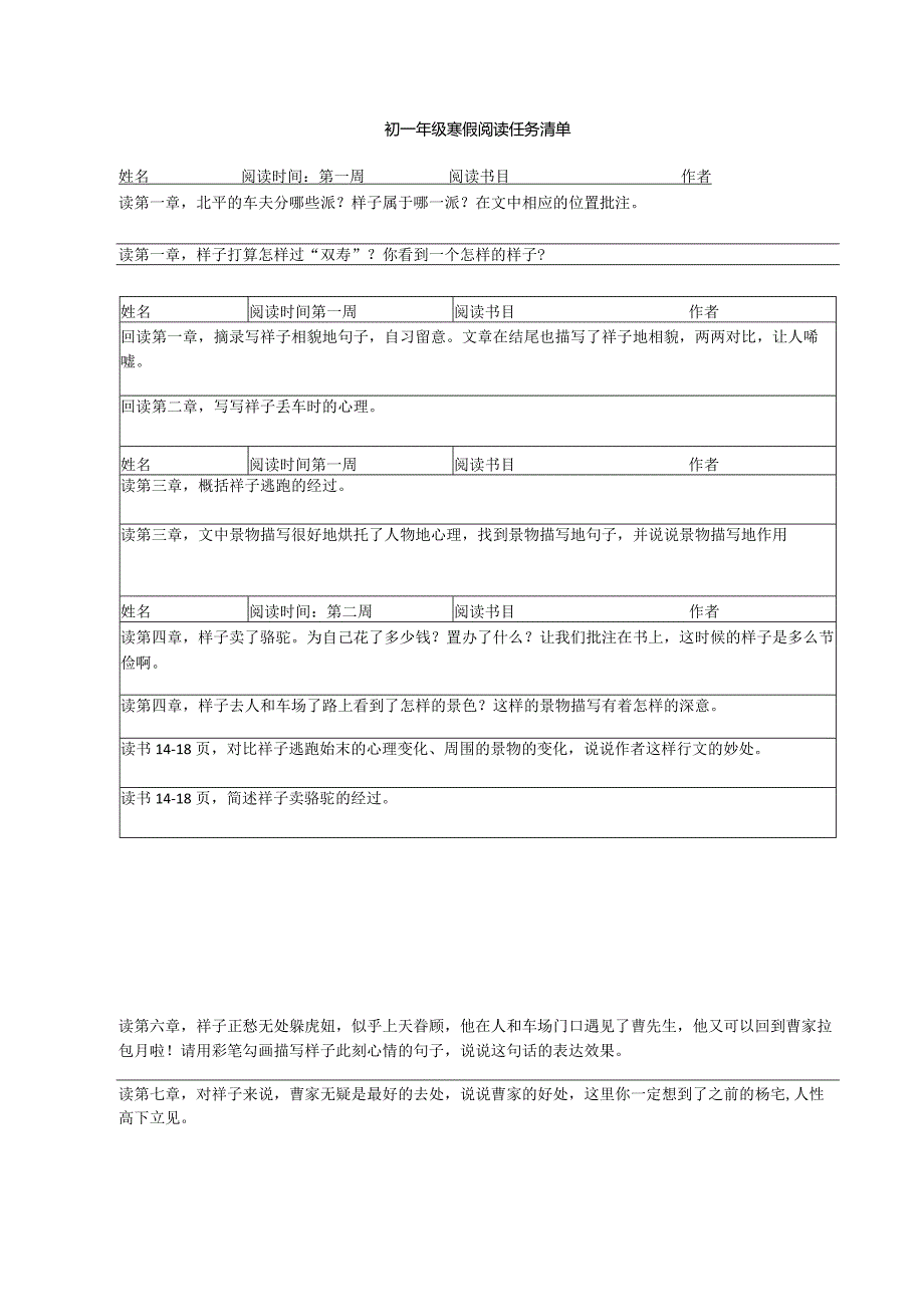 骆驼祥子寒假阅读清单初一年级寒假阅读任务清单.docx_第1页