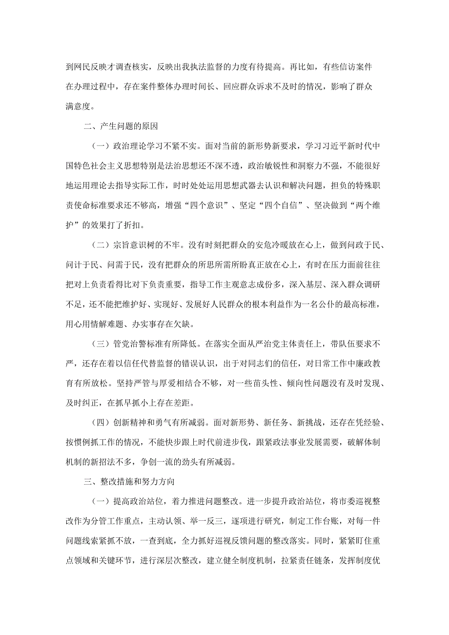 镇政法委员关于市委巡视整改专题民主生活会个人对照检查材料(二篇).docx_第3页