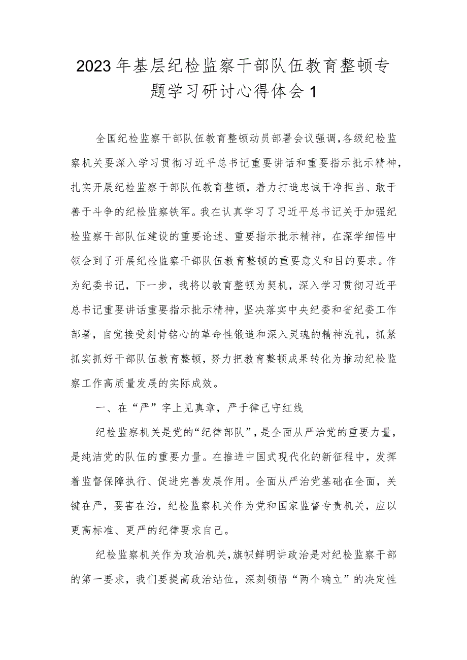 （精选2篇）2023年基层纪检监察干部队伍教育整顿谈心得体会及研讨发言材料.docx_第2页