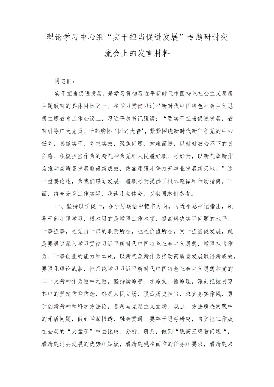 （3篇）2023年理论学习中心组“实干担当促进发展”专题研讨交流会上的发言材料.docx_第1页