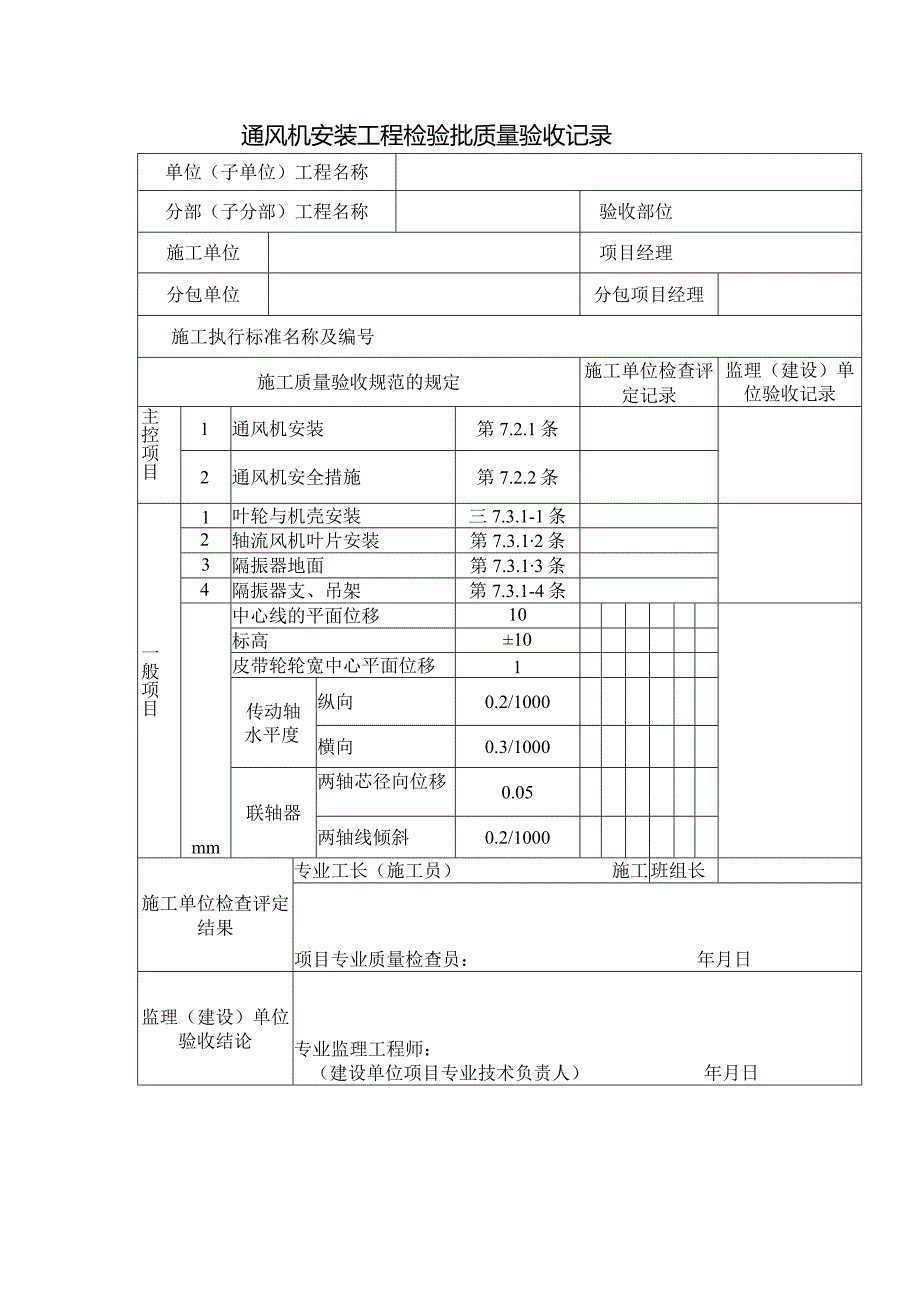 通风机安装工程检验批质量验收记录.docx_第1页