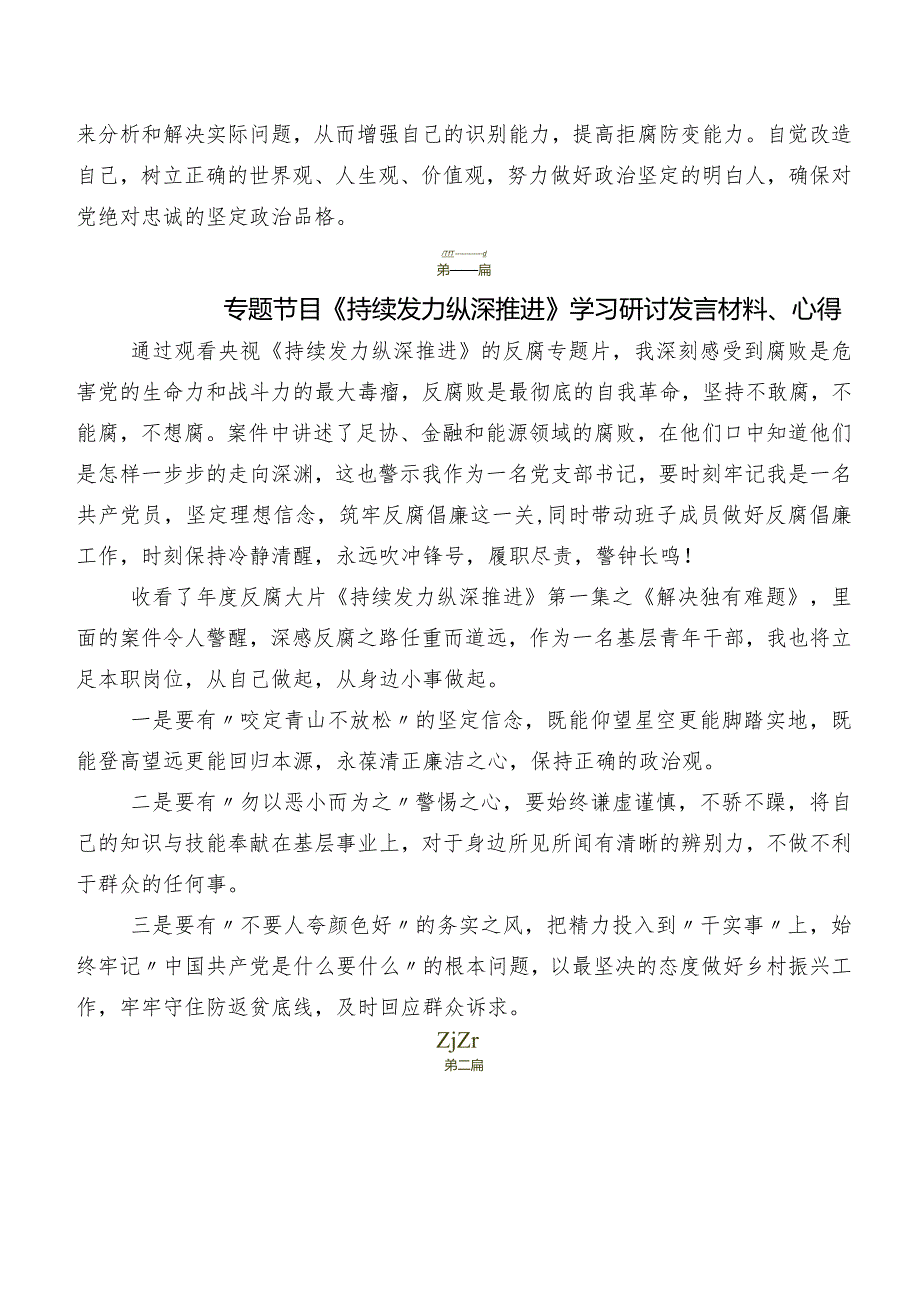 （10篇）2024年专题节目《持续发力纵深推进》研讨交流发言提纲及心得体会.docx_第2页