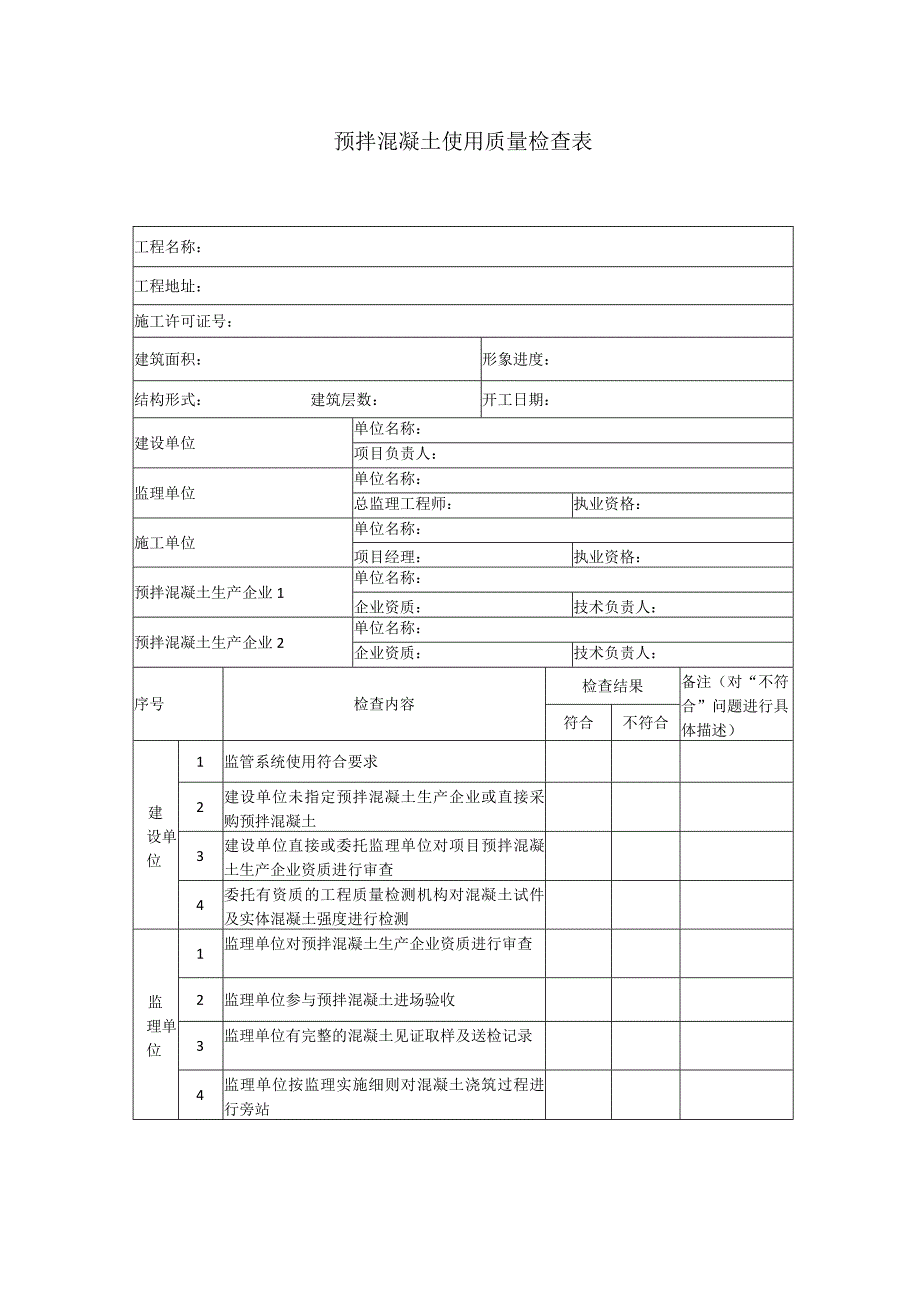 预拌混凝土使用质量检查表.docx_第1页