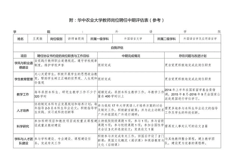 附：华中农业大学教师岗位聘任中期评估表（参考）.docx_第1页