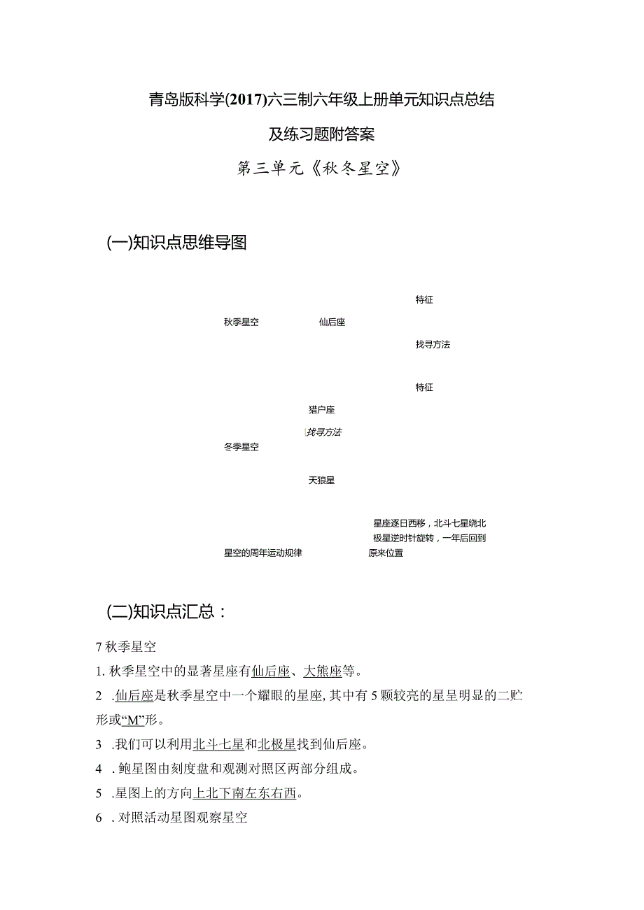 青岛版科学（2017）六三制六年级上册第3单元《秋冬星空》知识点总结及测试题.docx_第1页