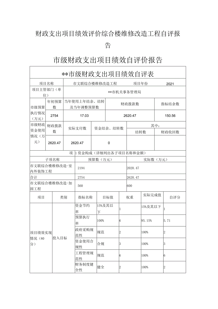 财政支出项目绩效评价综合楼维修改造工程自评报告.docx_第1页