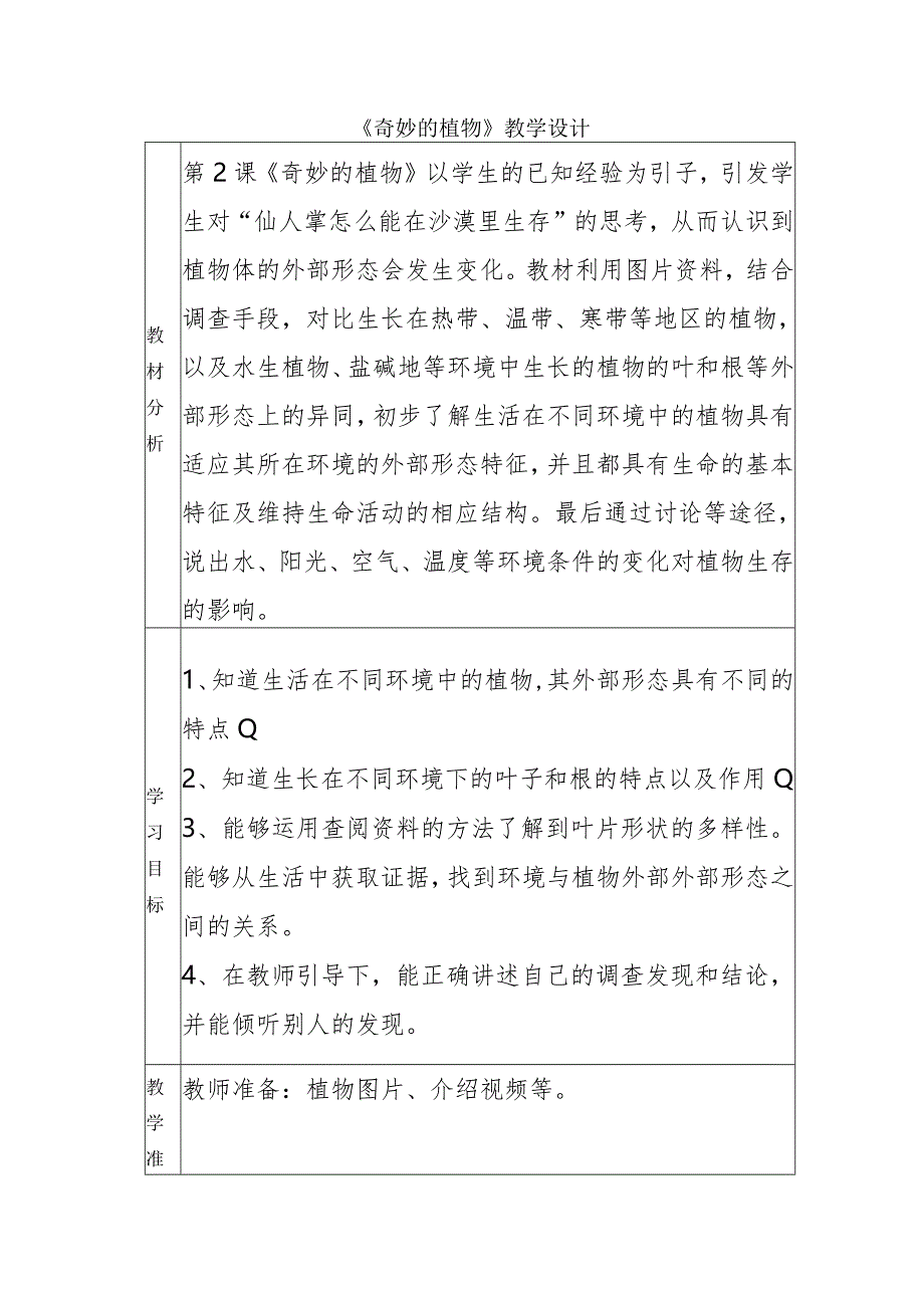 1-2奇妙的植物（教学设计）四年级科学下册（大象版）.docx_第1页