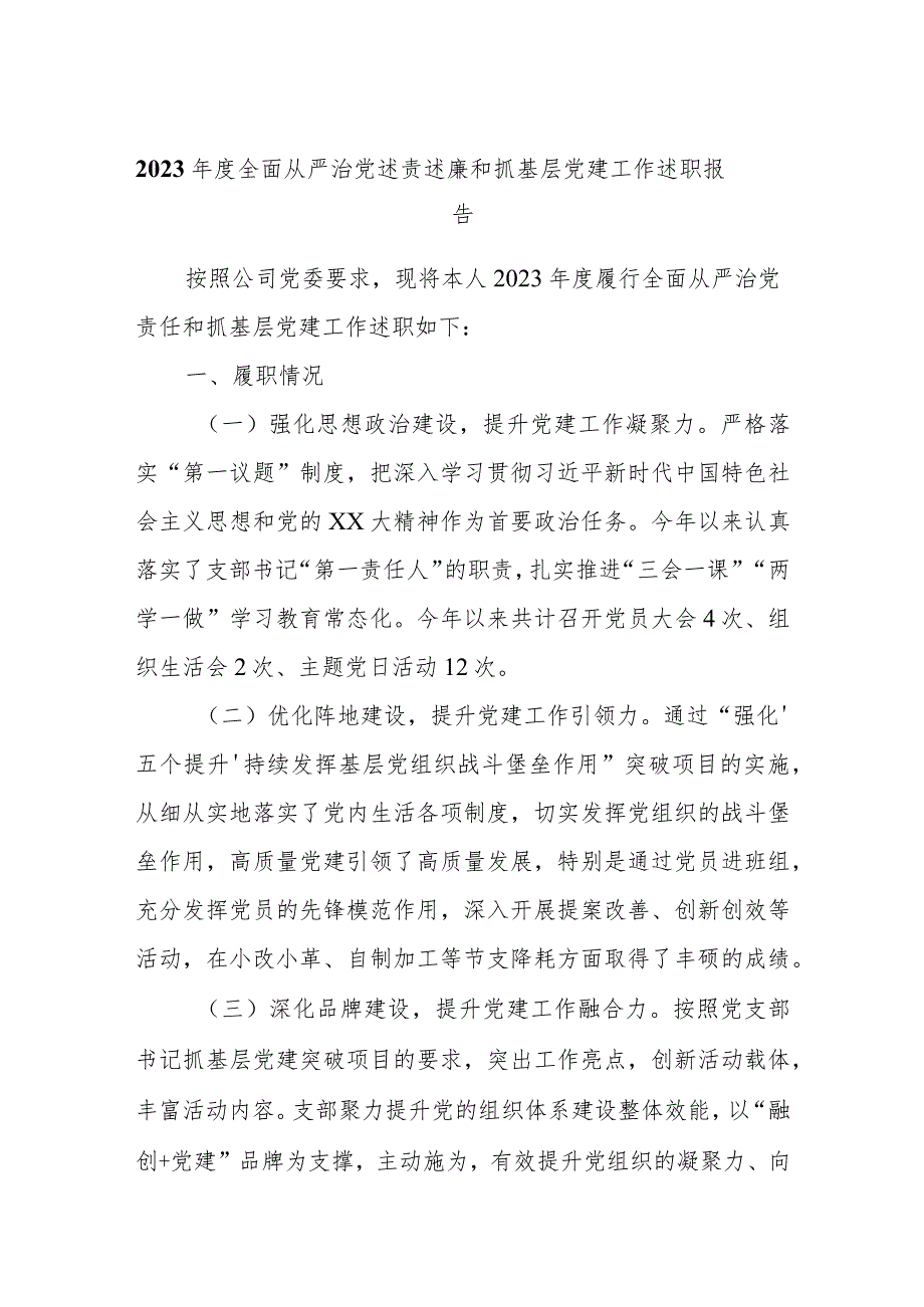 2023年度全面从严治党述责述廉和抓基层党建工作述职报告.docx_第1页