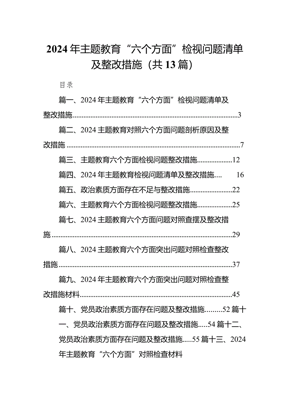 2024年专题教育“六个方面”检视问题清单及整改措施13篇（详细版）.docx_第1页