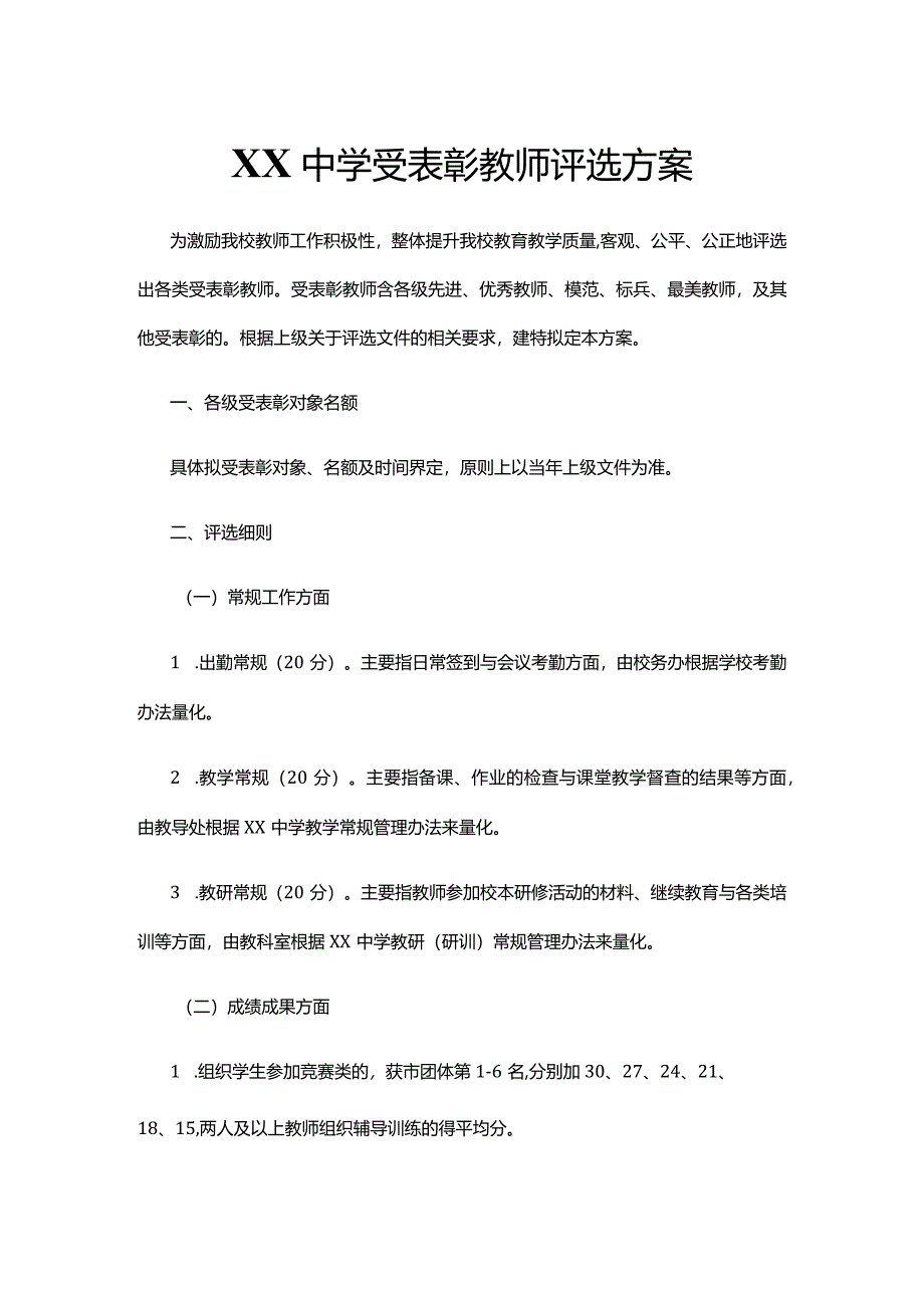 XX中学受表彰教师评选方案.docx_第1页