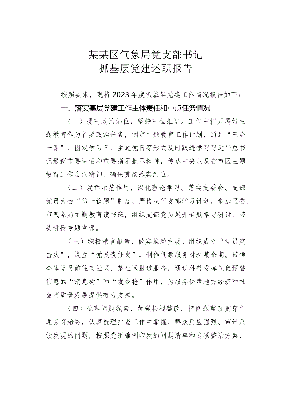 某某区气象局党支部书记抓基层党建述职报告.docx_第1页