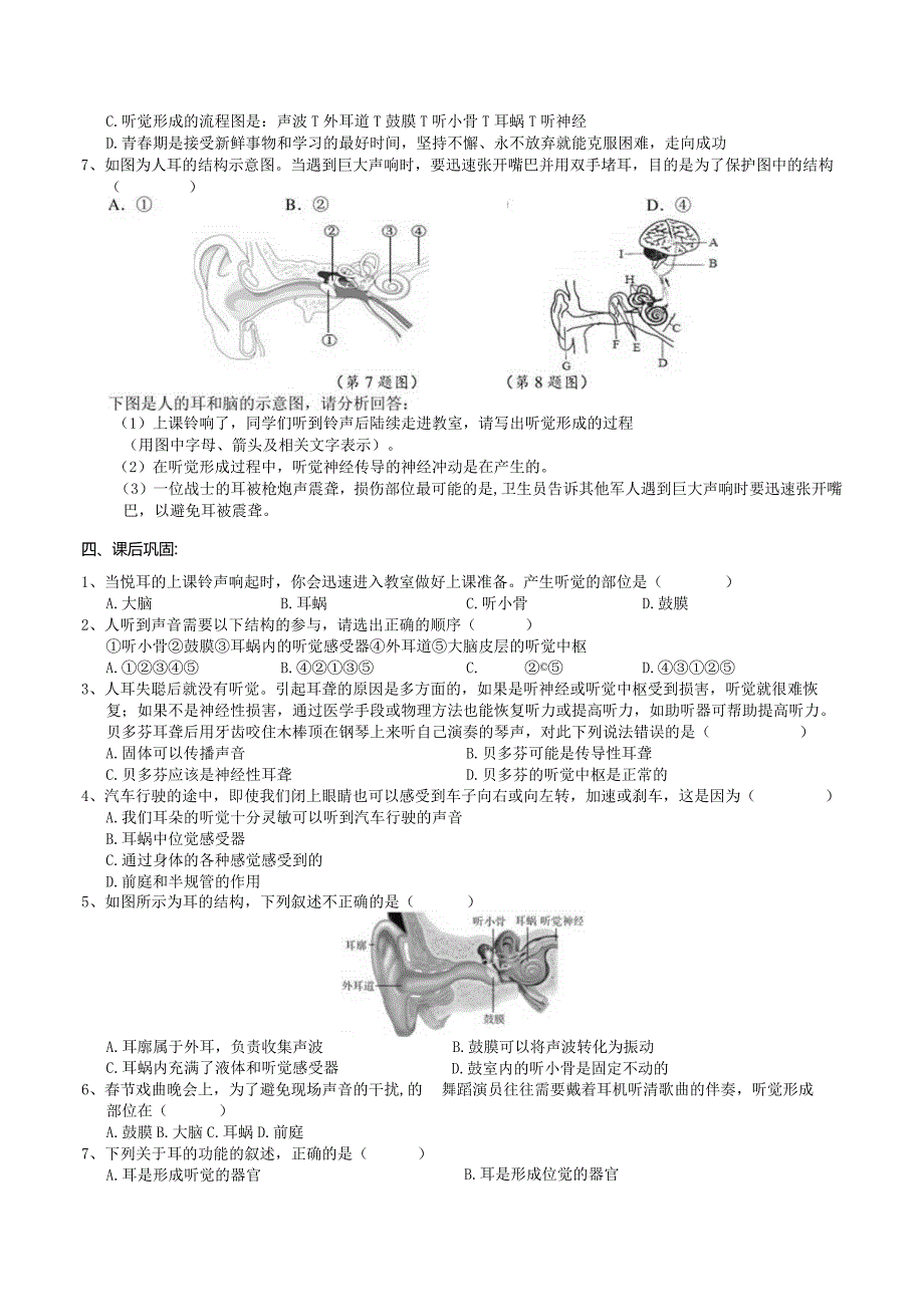 2024浙教版七下科学2.3耳和听觉（1）学案.docx_第3页