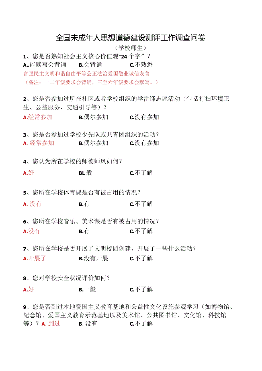 全国未成年人思想道德建设测评工作调查问卷.docx_第1页