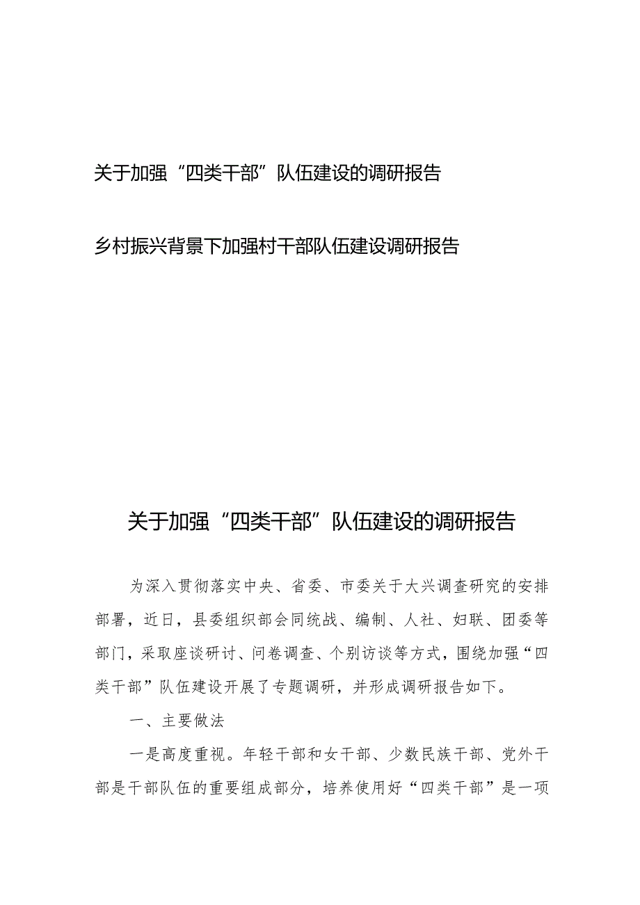 关于加强“四类干部”队伍建设的调研报告+乡村振兴背景下加强村干部队伍建设调研报告.docx_第1页