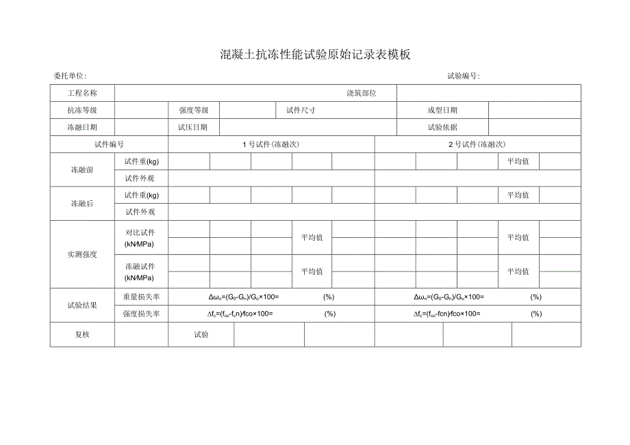 混凝土抗冻性能试验原始记录表模板.docx_第1页