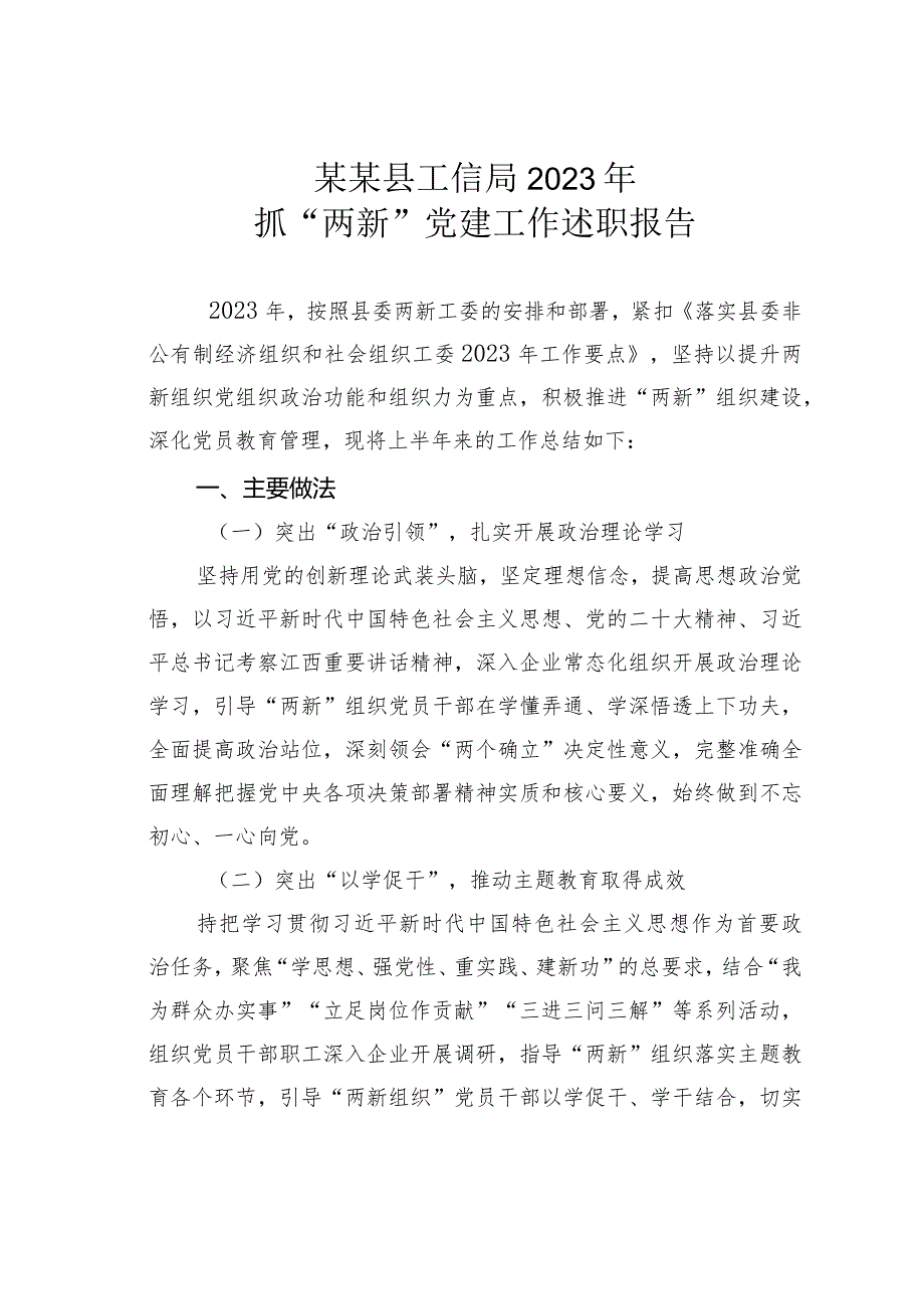 某某县工信局2023年抓“两新”党建工作述职报告.docx_第1页