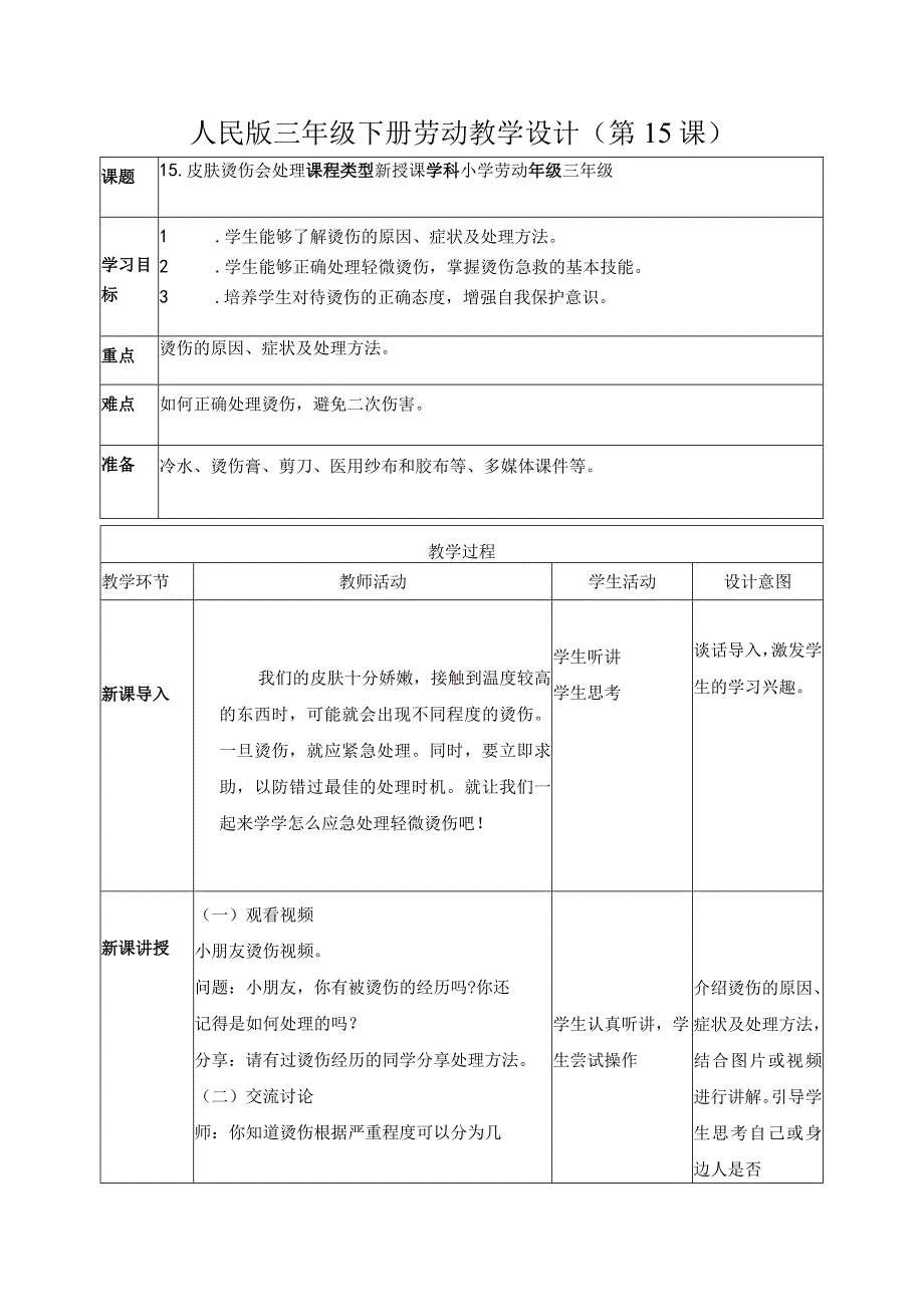 15-皮肤烫伤会处理三年级劳动下册（人民版）.docx_第1页