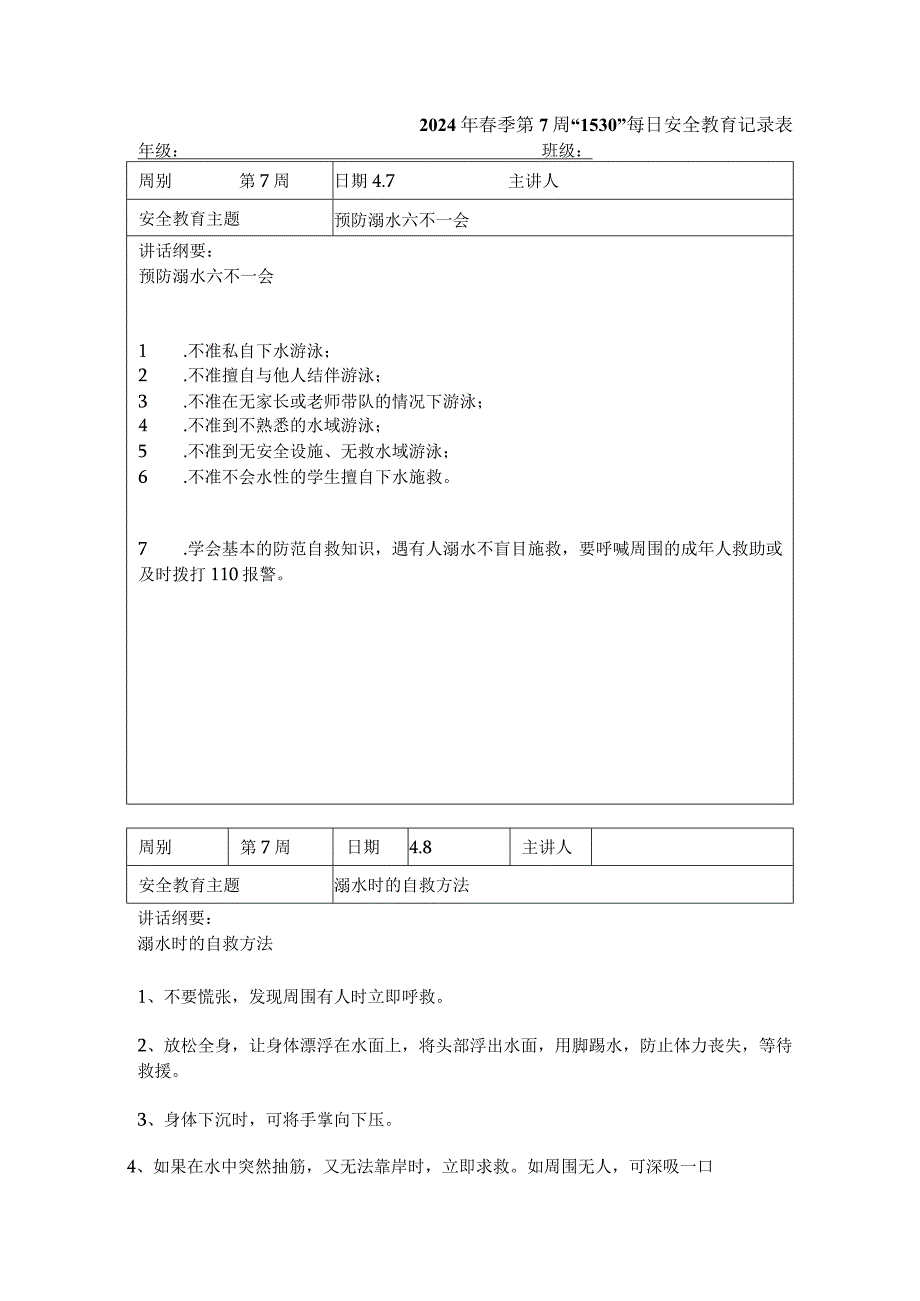 2024年春季第7周“1530”每日安全教育记录表.docx_第1页