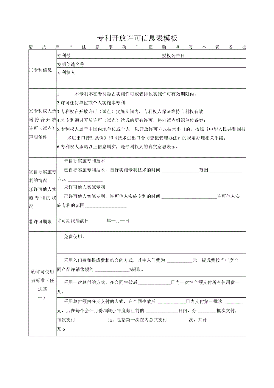 专利开放许可信息表模板.docx_第1页