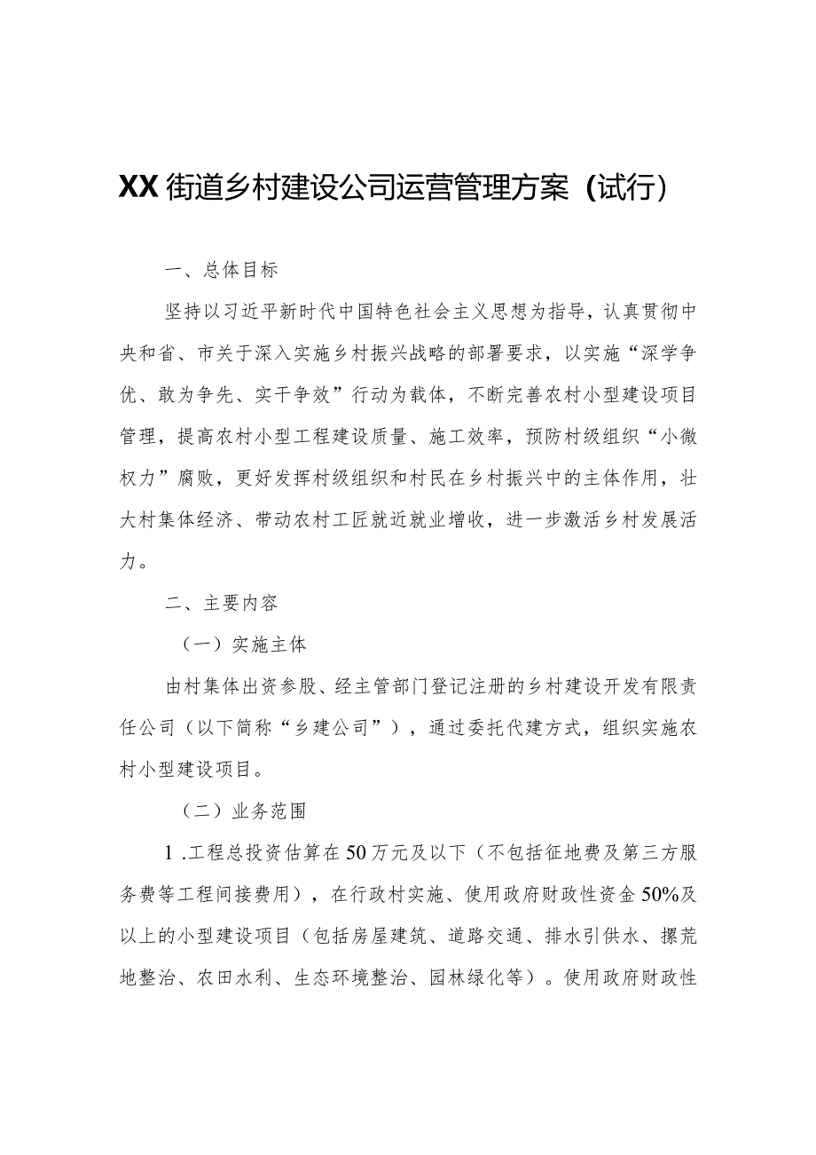 XX街道乡村建设公司运营管理方案（试行）.docx_第1页