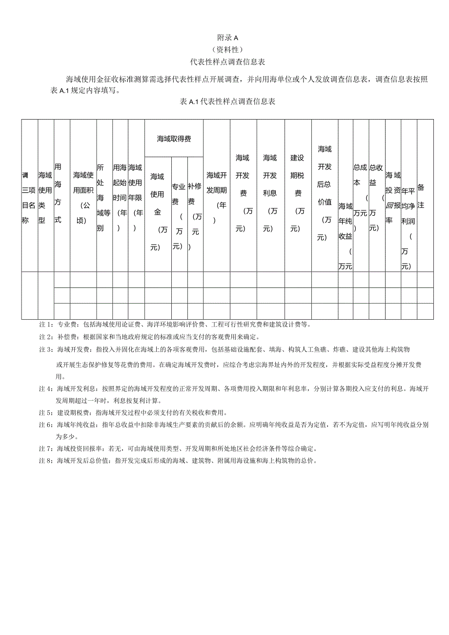 海域使用金征收代表性样点调查信息表、生态损害修正系数、标准测算技术报告大纲、征收标准表.docx_第1页