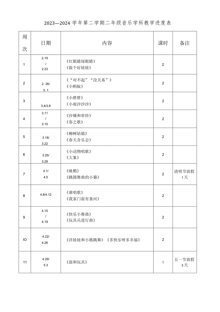 2023—2024学年第二学期一年级音乐教学进度表.docx_第1页