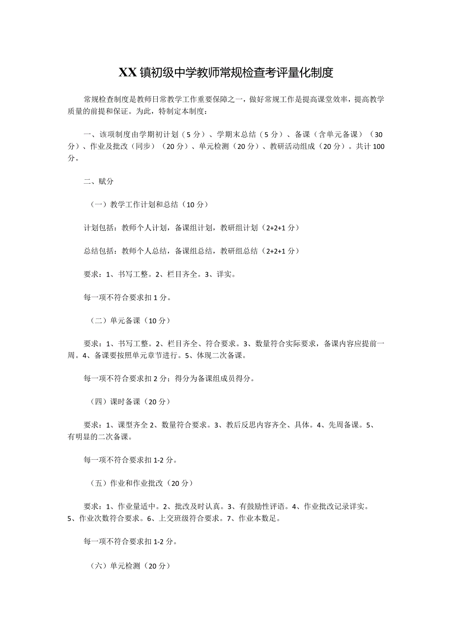 XX镇初级中学教师常规检查考评量化制度.docx_第1页