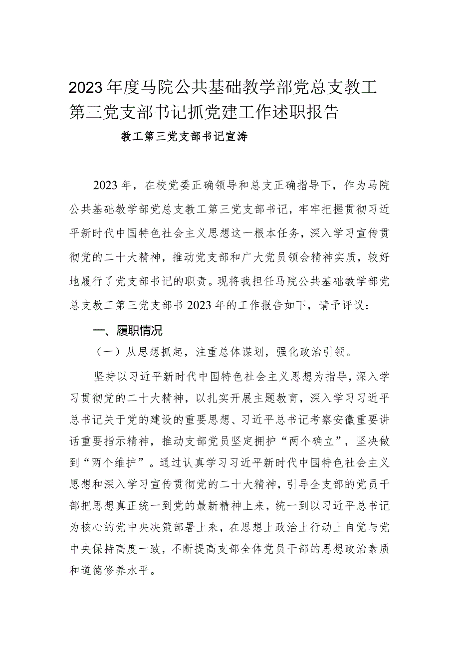 3.2023年度教工第三党支部基层党组织书记抓基层党建工作述职报告（宣涛）.docx_第1页