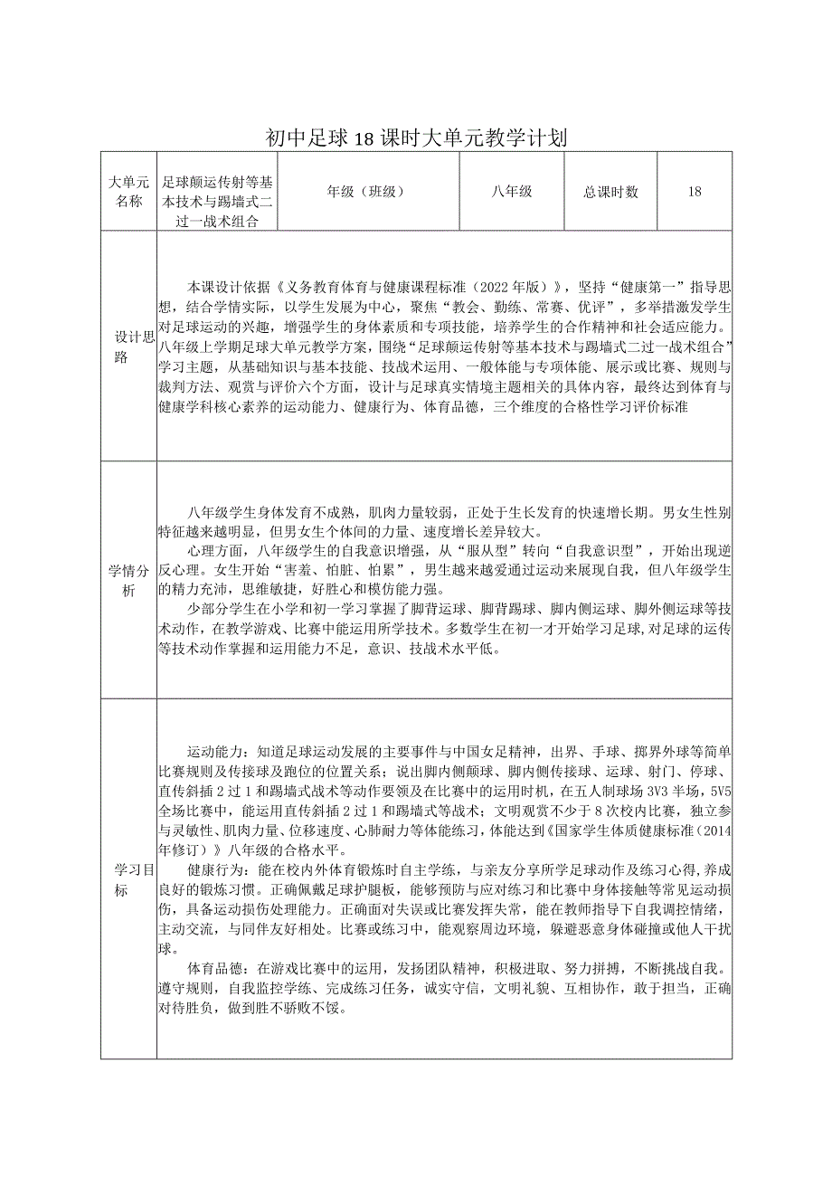 14、水平四初中足球18课时大单元教学计划《足球脚内侧颠球与游戏》.docx_第1页