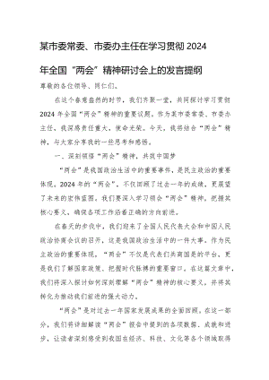 某市委常委、市委办主任在学习贯彻2024年全国“两会”精神研讨会上的发言提纲.docx