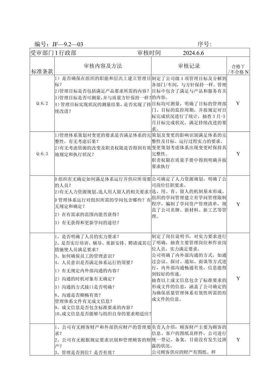 2024版质量体系各部门内审检查表及审核记录.docx_第3页