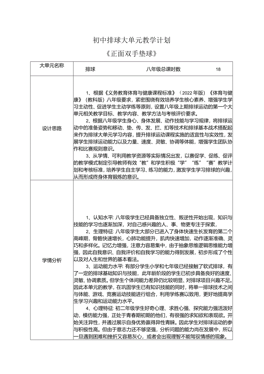 8、水平四排球大单元教学计划《正面双手垫球》.docx_第1页