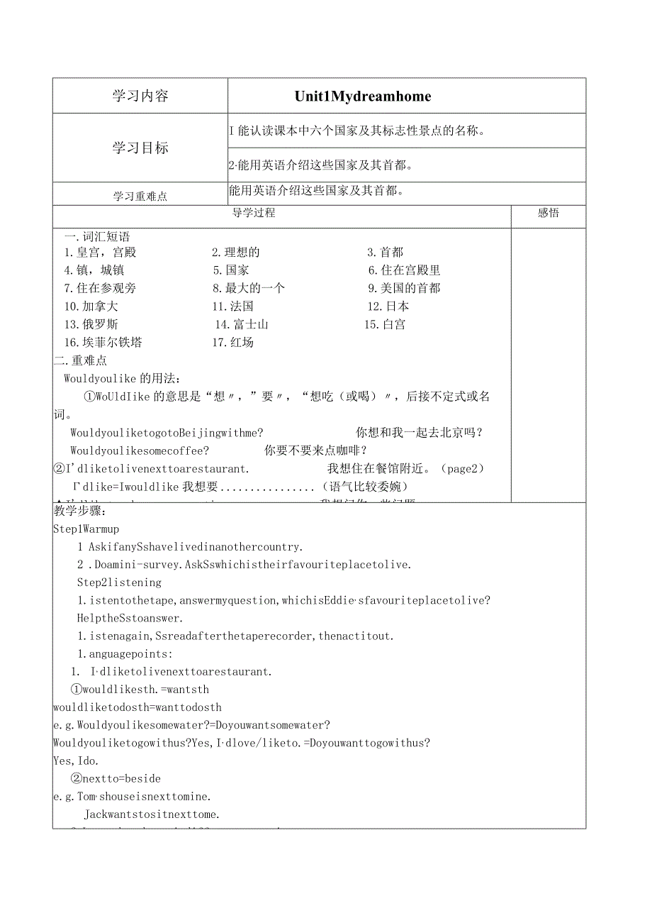 unit1dreamhomes导学案-学习目标及重难点.docx_第1页