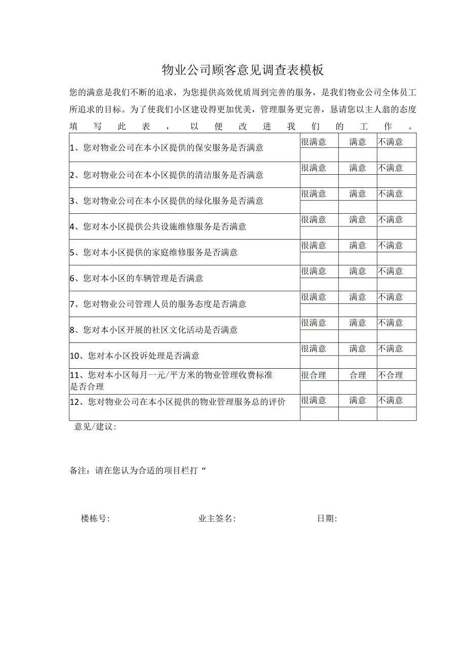 物业公司顾客意见调查表模板.docx_第1页