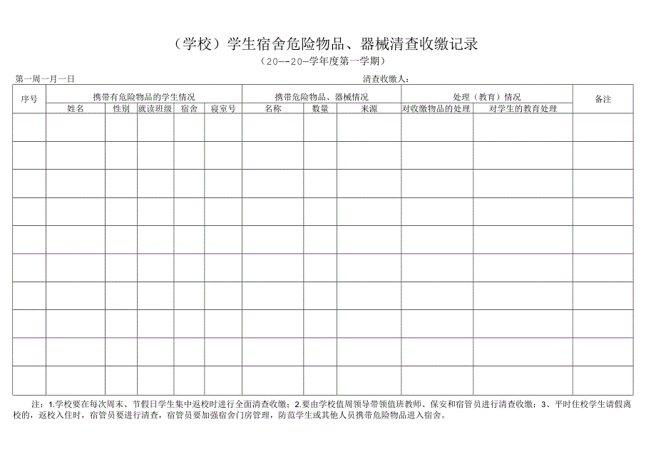 学生宿舍危险物品、器械清查收缴记录.docx_第1页