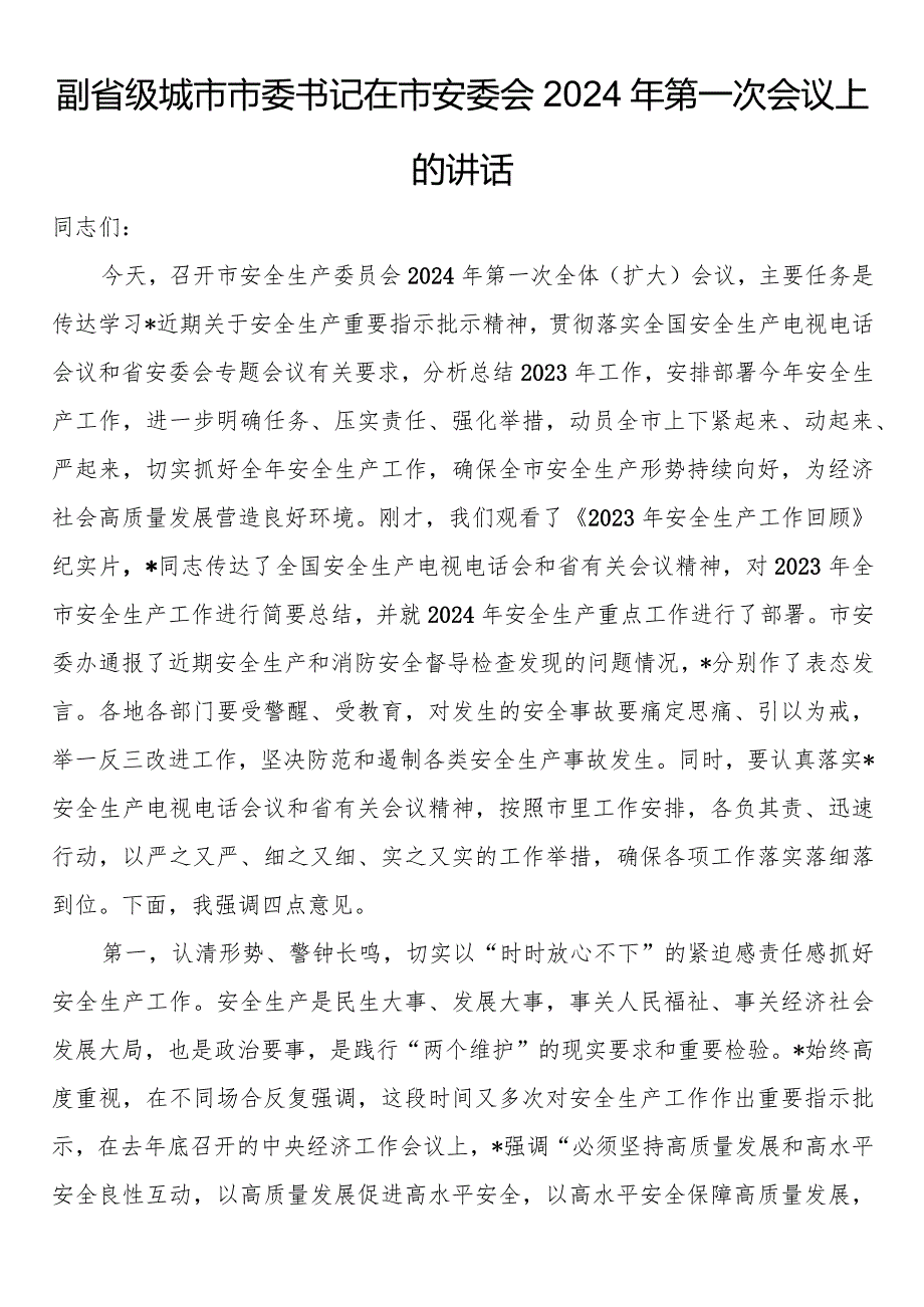 副省级城市市委书记在市安委会2024年第一次会议上的讲话.docx_第1页