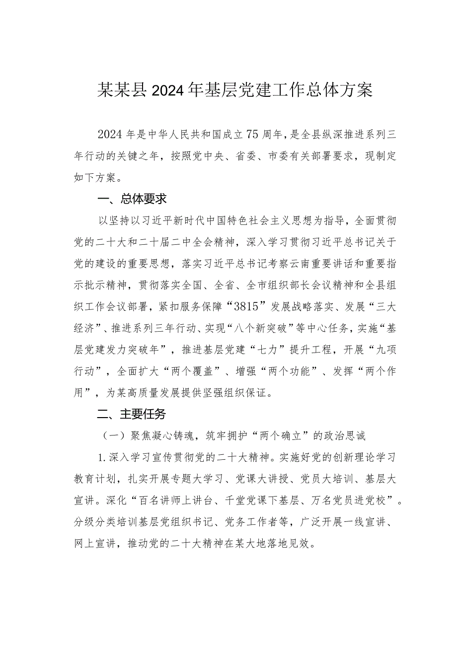 某某县2024年基层党建工作总体方案.docx_第1页