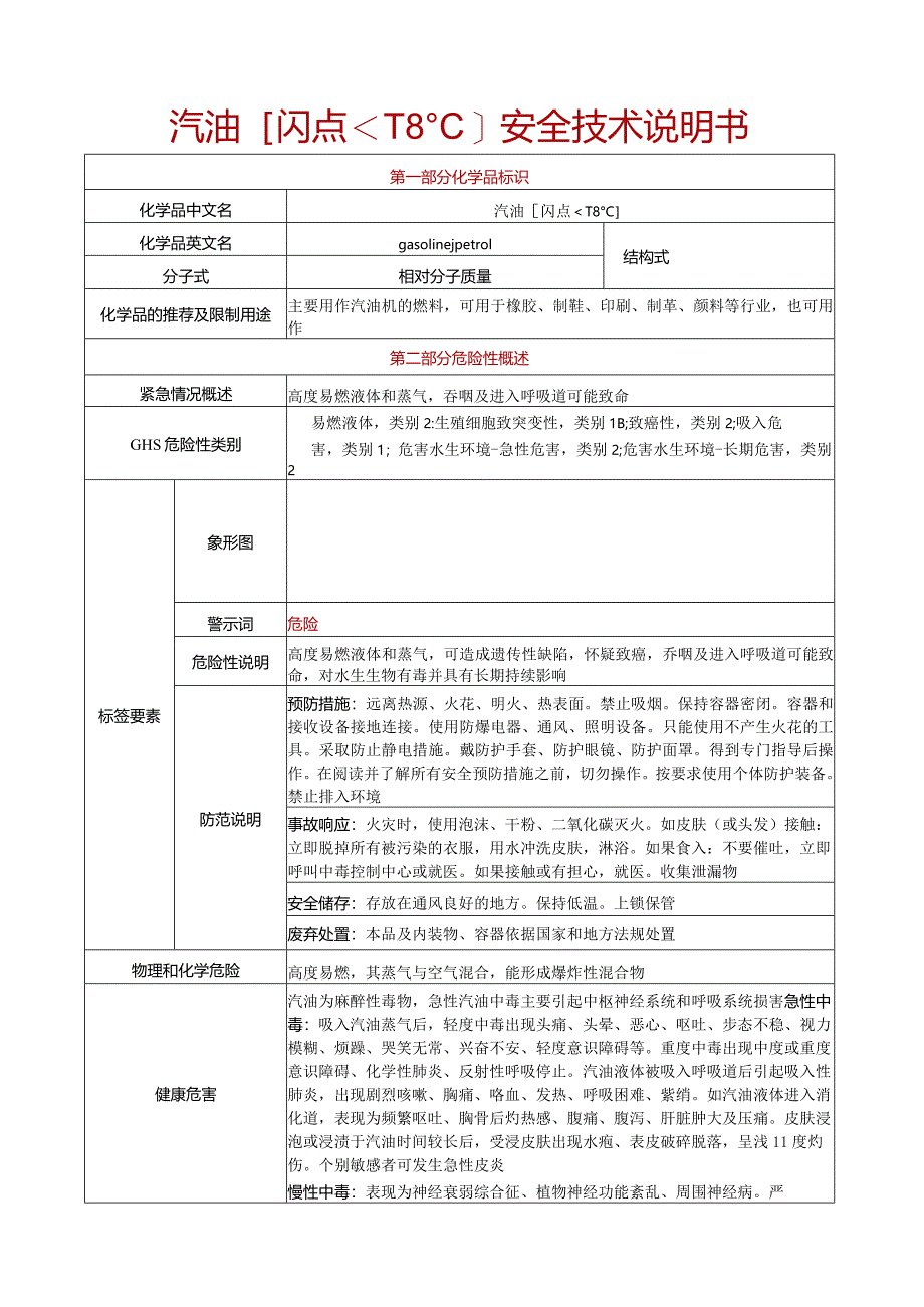 【汽油[闪点小于-18℃]】安全技术说明书SDS+安全标签（最新精修版）.docx_第1页