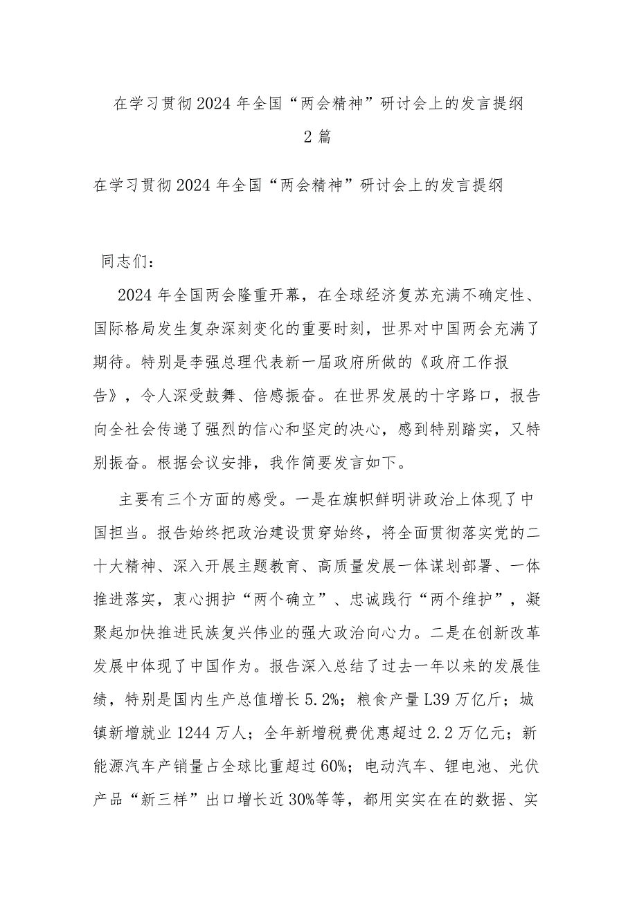 在学习贯彻2024年全国“两会精神”研讨会上的发言提纲2篇.docx_第1页