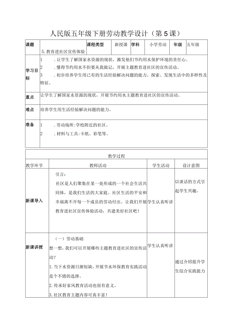 5-教育进社区宣传体验五年级劳动下册（人民版）.docx_第1页