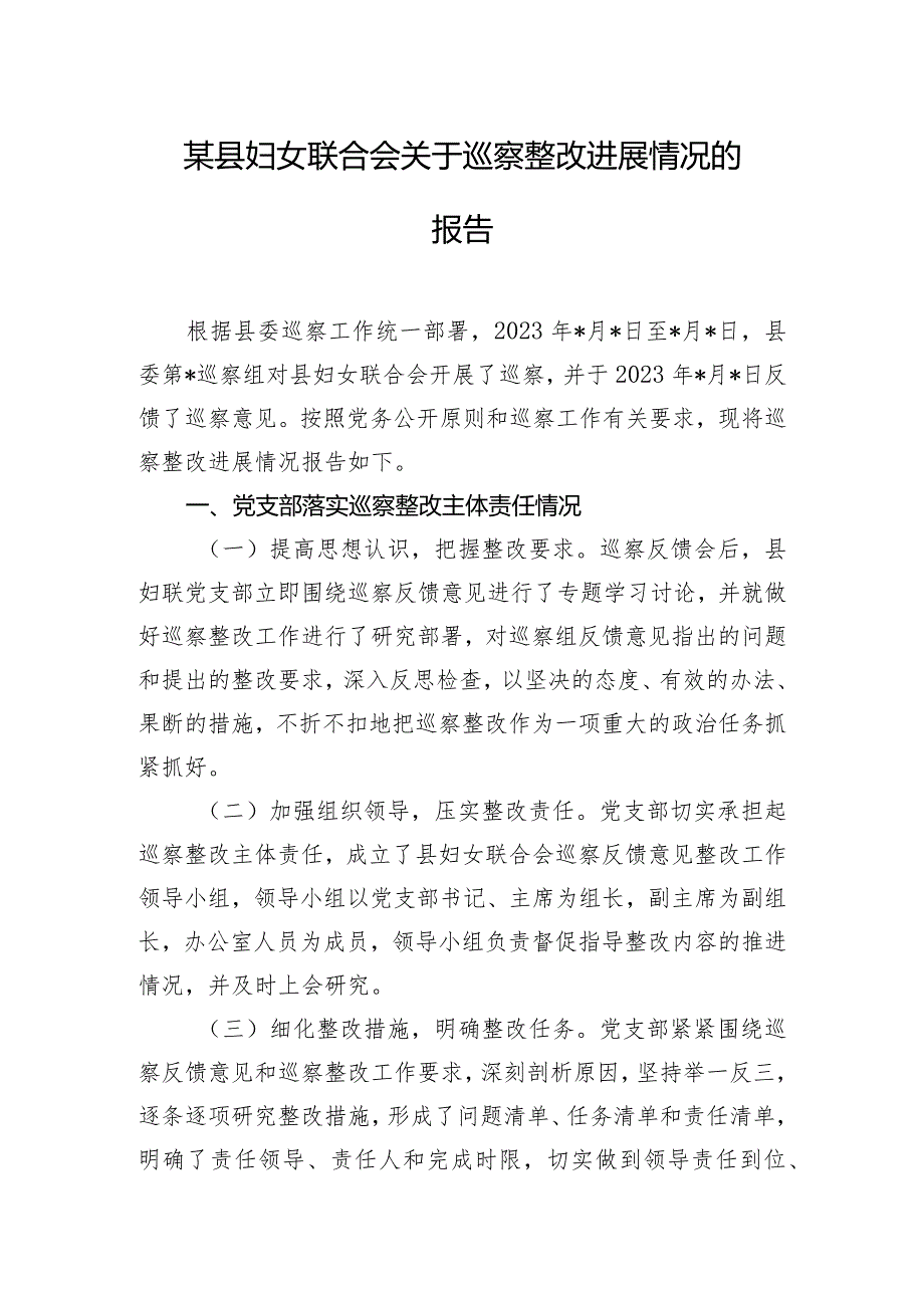 某县妇女联合会关于巡察整改进展情况的报告.docx_第1页