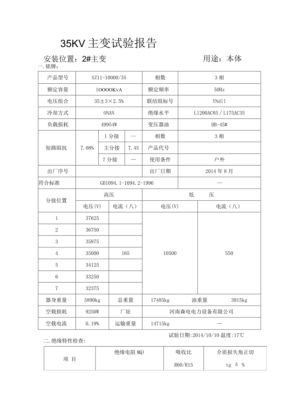 35KV主变试验报告高压试验报告.docx_第1页